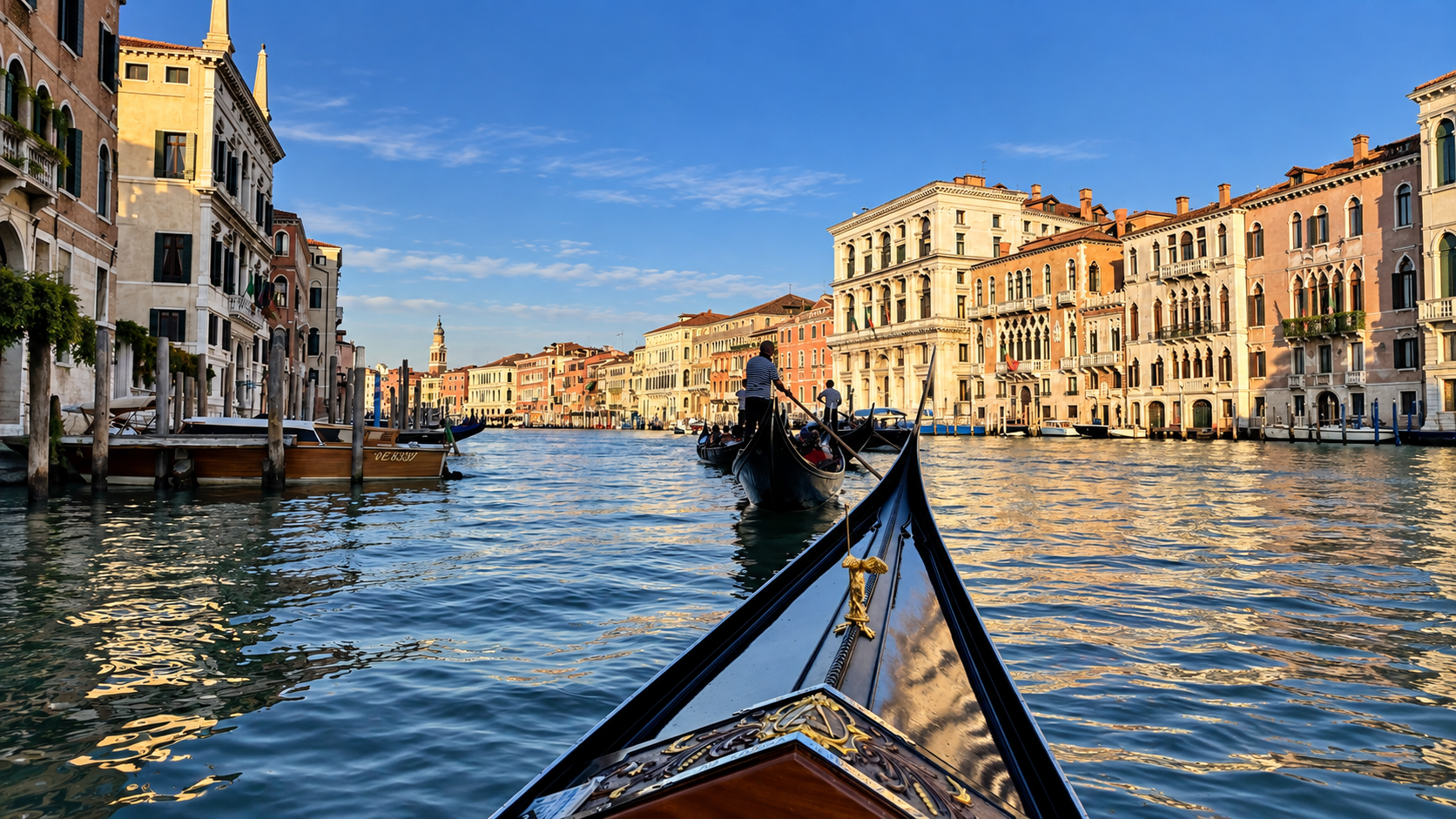 Pohled z gondoly na Grand Canal v Benátkách